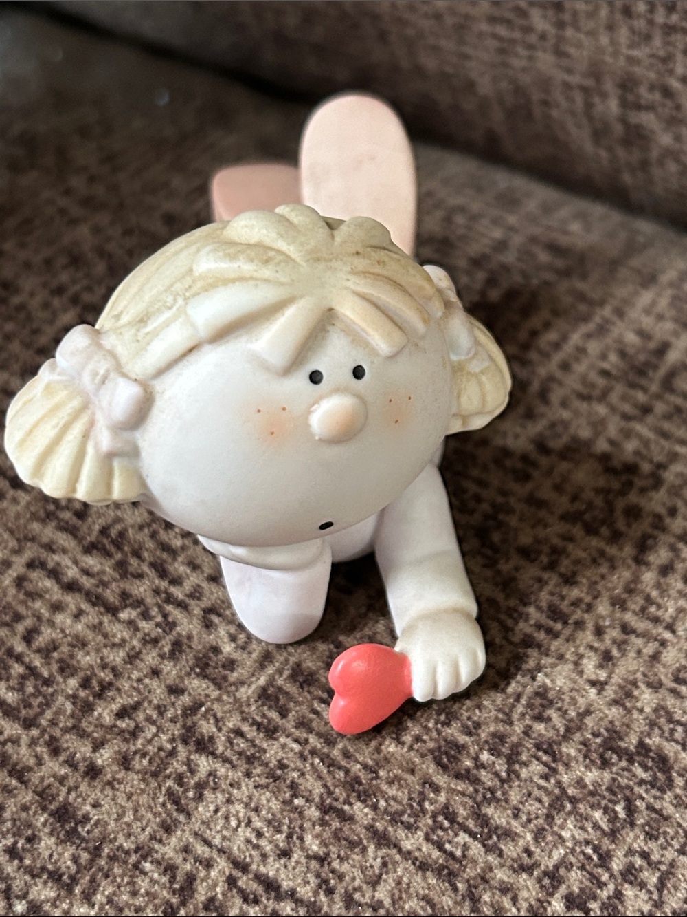 Bumpkins Cream and Pink Girl Figurine Home Accent with Red Heart EUC